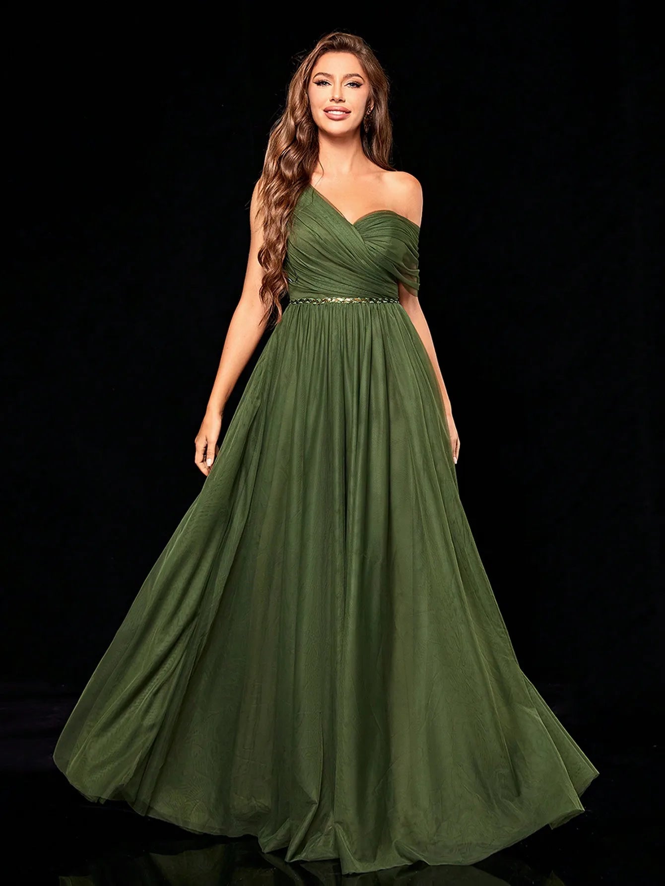 One Shoulder Irregular Sequin Belt Mesh Full Skirt Evening Gown Ball Dress Maxi Dress Milanni Fashion army green M 