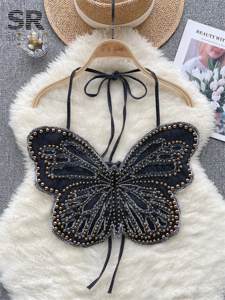 Sexy Halter Denim Tank Top Beading Butterfly Design Spaghetti Strap Cami Women Summer Top Milanni Fashion Black One Size