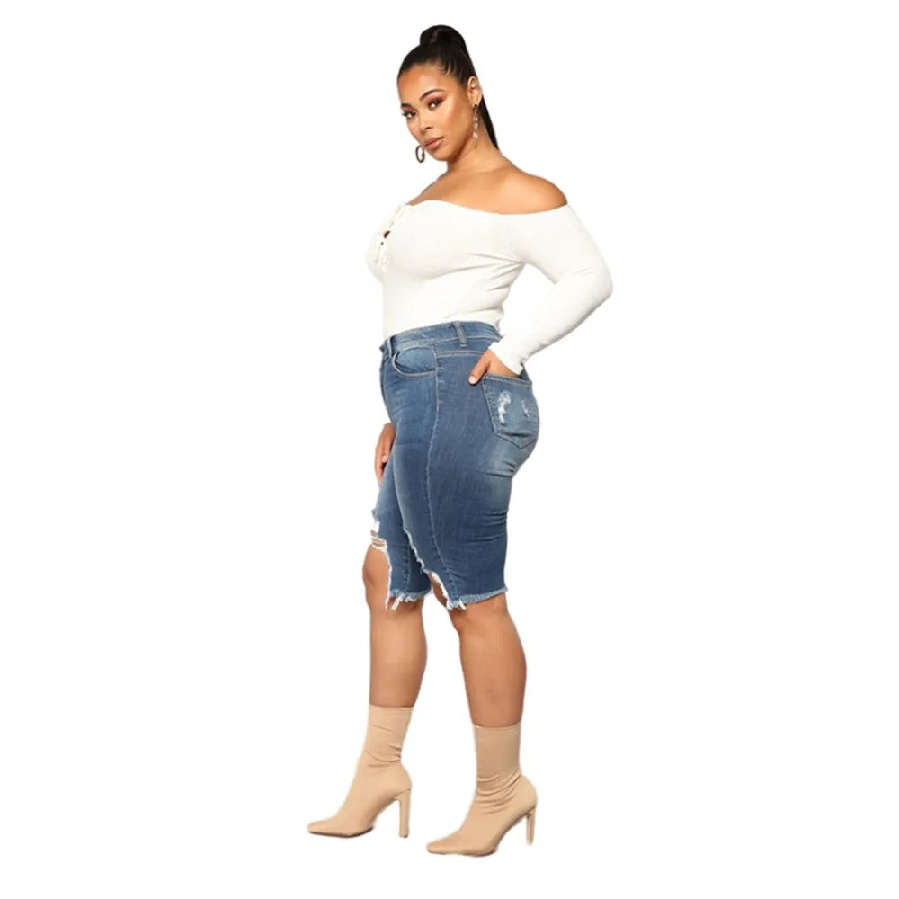 Plus Size High Waist Bodycon Stretch Knee Length Denim Shorts for Women Fashion Streetwear Milanni Fashion