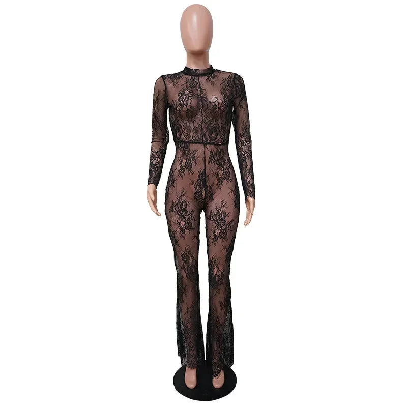 Black Lace Sheer Sexy Night Club Long Sleeve One-Piece Wide Leg Jumpsuit for Women Summer Outfit Milanni Fashion