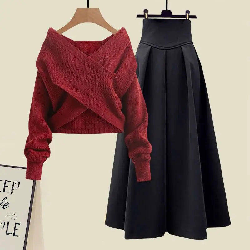 Cover Slim Sweater and Long Skirt Two-piece Set - Women's Spring Suit  Milanni Fashion Red and black XL  60-70KG CHINA