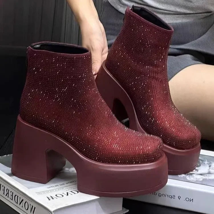 High Heels Ankle Boots Crystal Bright Diamond Fashion Modern Boots for Women Stylish Footwear Milanni Fashion Red 36