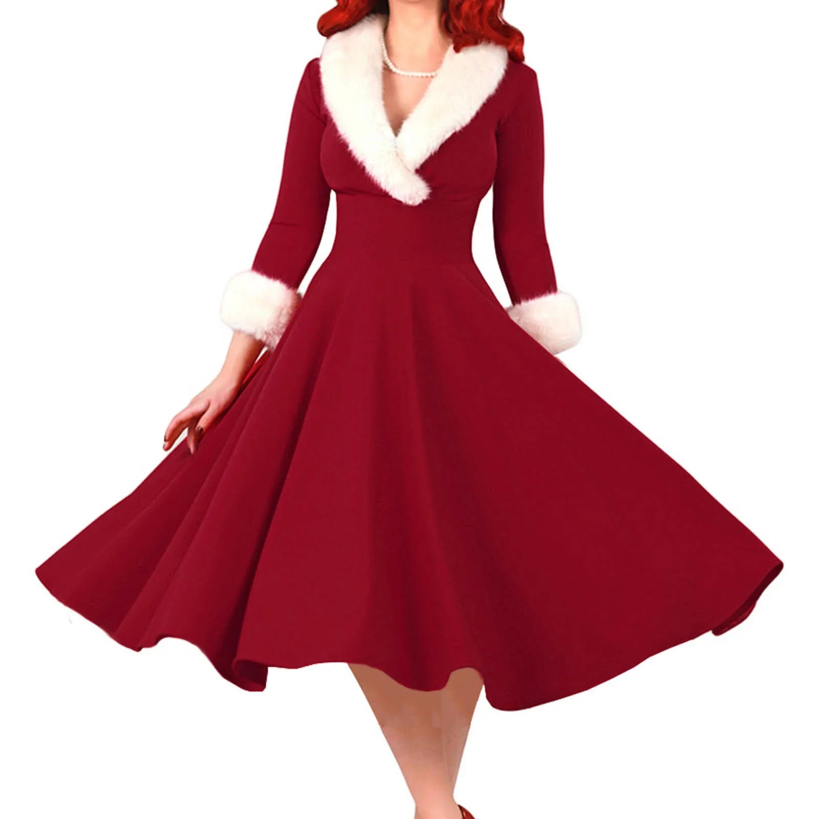 Women Christmas Sexy Costume Long Sleeve V Neck Plush Warm Party Pleated Elegant Tunic Swing Dress  Milanni Fashion Red L 