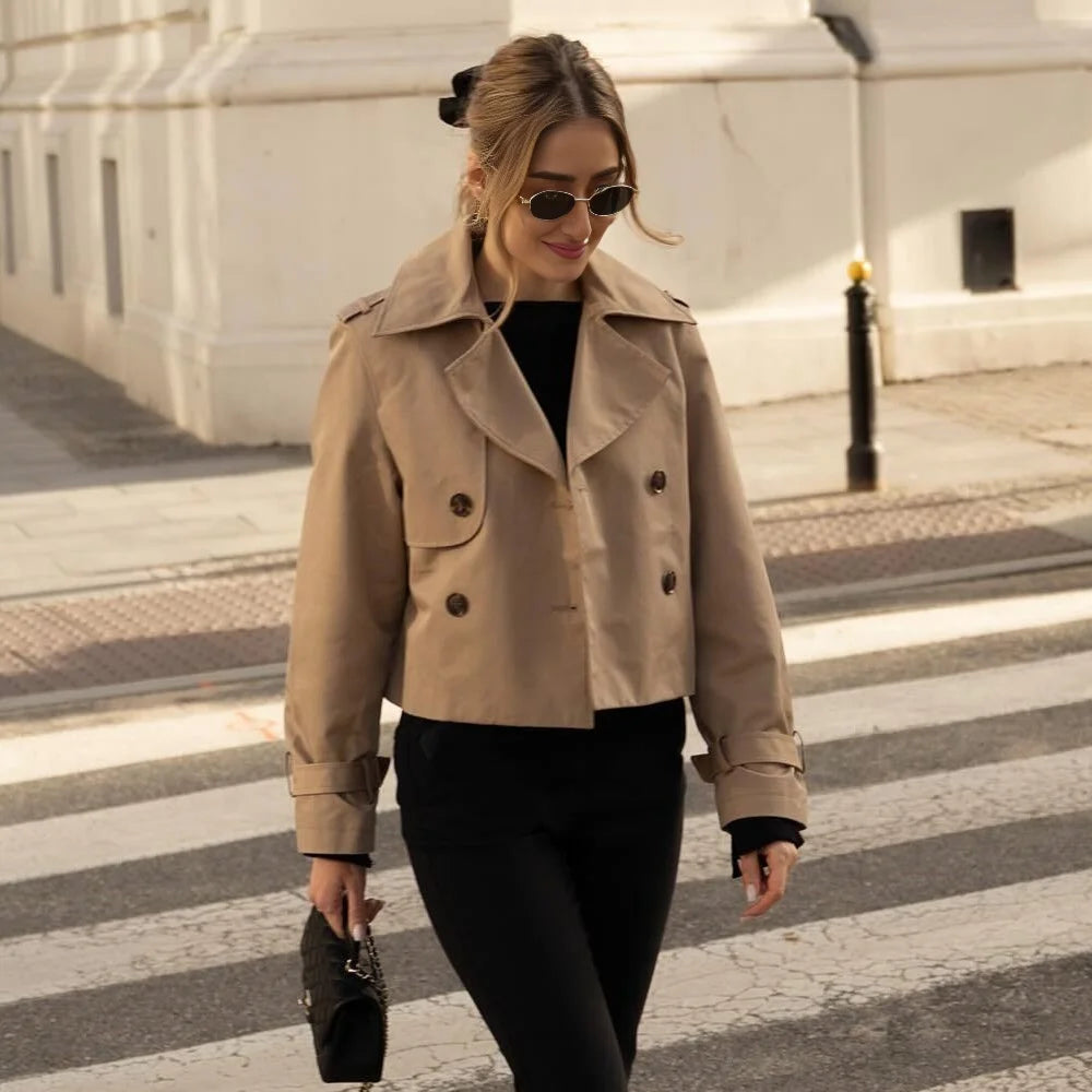 Vintage Cropped Trench Spring Autumn Jacket Women Streetwear Double Breasted Long Sleeve Coat  Milanni Fashion   