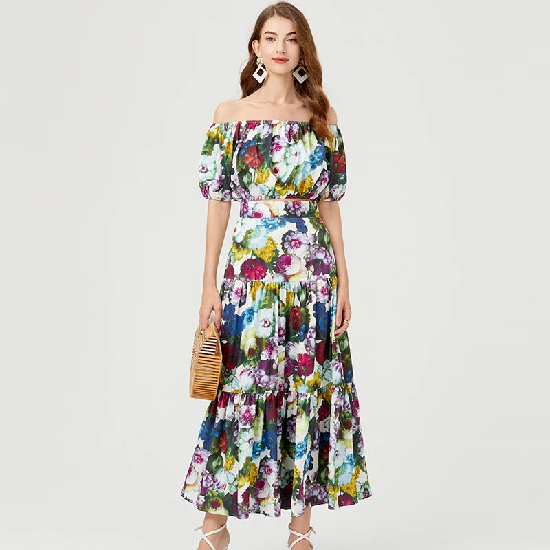 Summer Runway Designer Floral Print 2-Piece Set Slash Neck Cropped Top & Maxi Skirt Milanni Fashion Green XXL