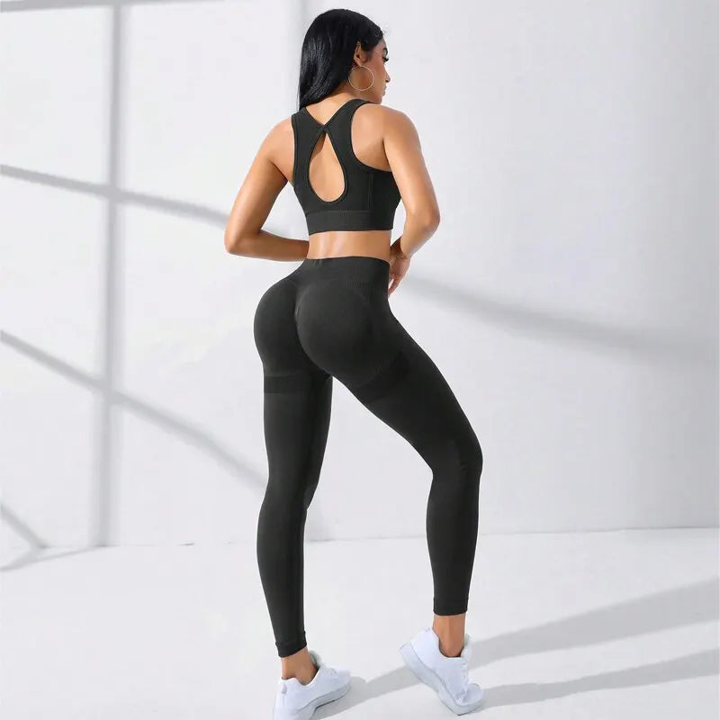 Basic Seamless High Stretch Yoga Set Tracksuit Gym Set Crisscross Back Cami Hip-hugging Tummy Control Leggings  Milanni Fashion   