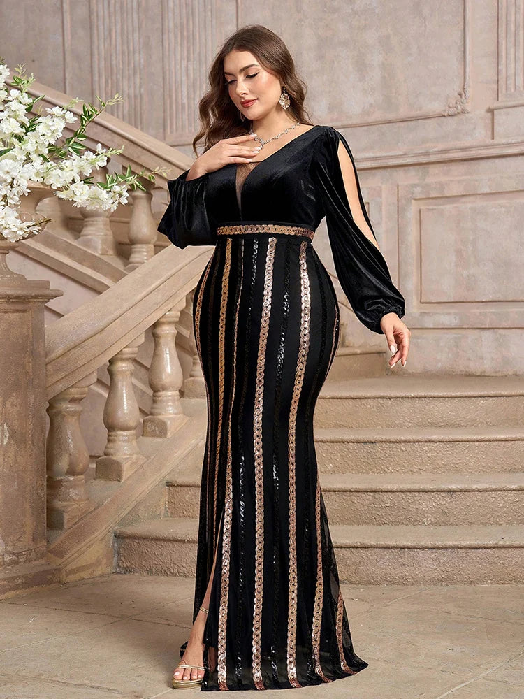 Luxury Elegant Women Party Maxi Dress Plus Size Formal Evening Gown (Embellished Design) With Random Floral Pattern Maxi Dress Milanni Fashion   