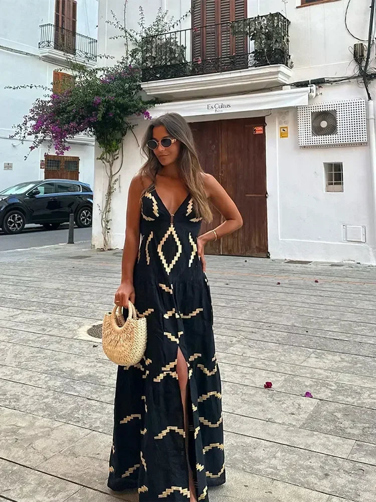 Sexy V-neck High Waist Backless Split Long Dress Fashion Printed Sleeveless Loose Dress Maxi Dress Milanni Fashion Black L 