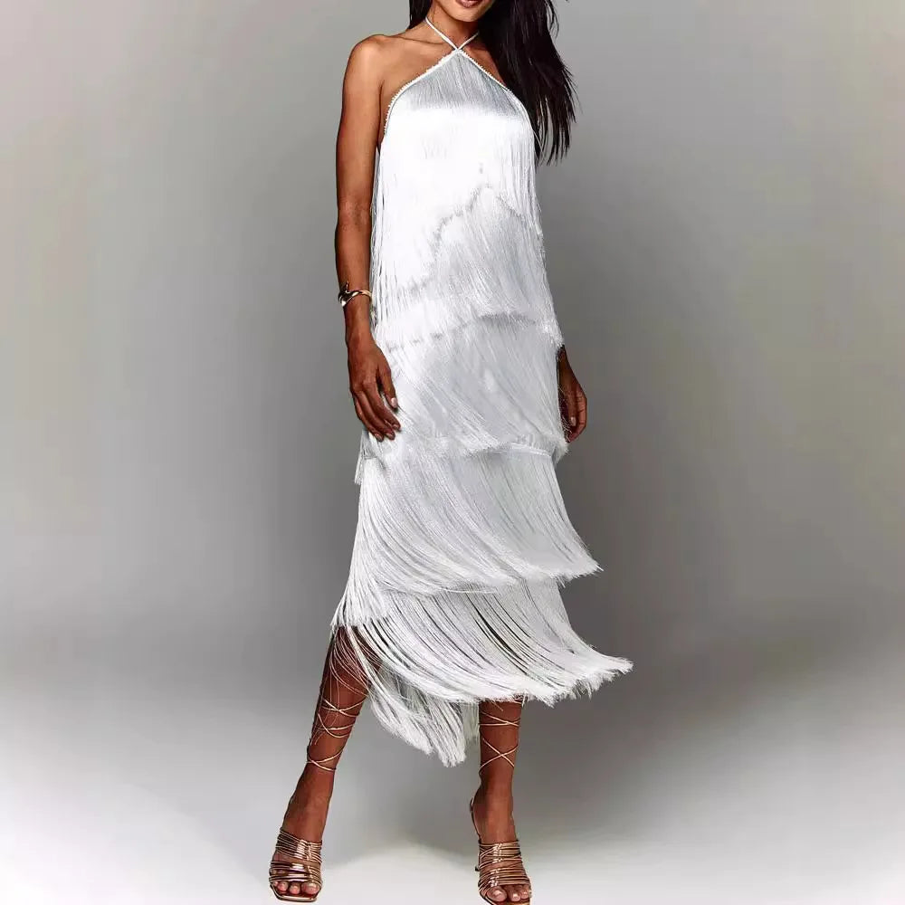 Fashion Neck Fringed Backless Slit Dress Elegant Stylish Sleeveless Gown Perfect For Events Maxi Dress Milanni Fashion   