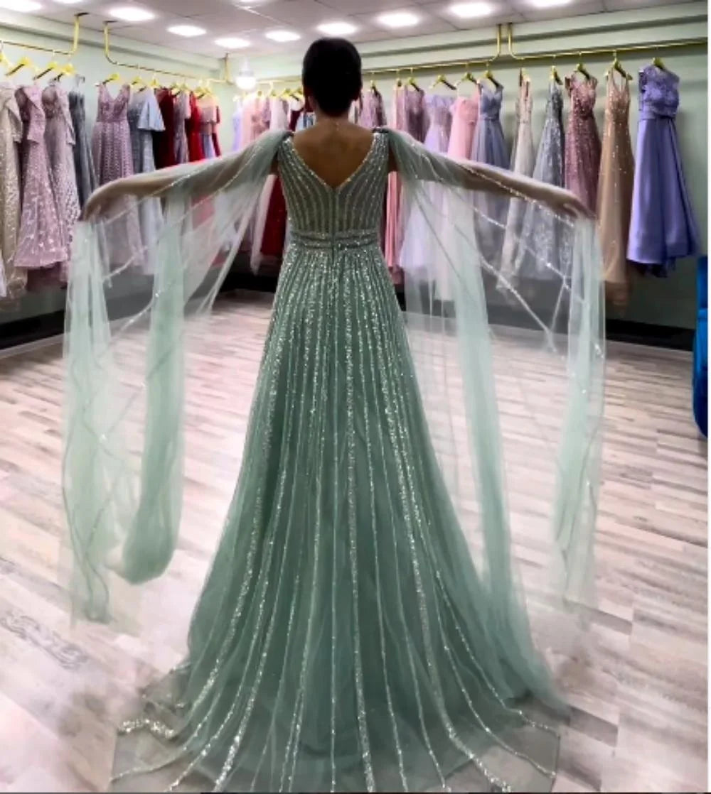 Handmade Beaded Sequins Strips Tulle Prom Dress V Neck Flutter Sleeves Evening Party Gown  Milanni Fashion   