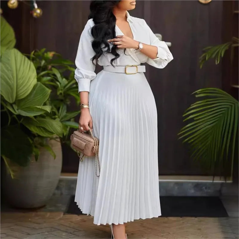 Pleated V-Neck Long Sleeve Belted Midi Dress for Autumn Stylish Elegant Women's Fall Fashion Dress Maxi Dress Milanni Fashion