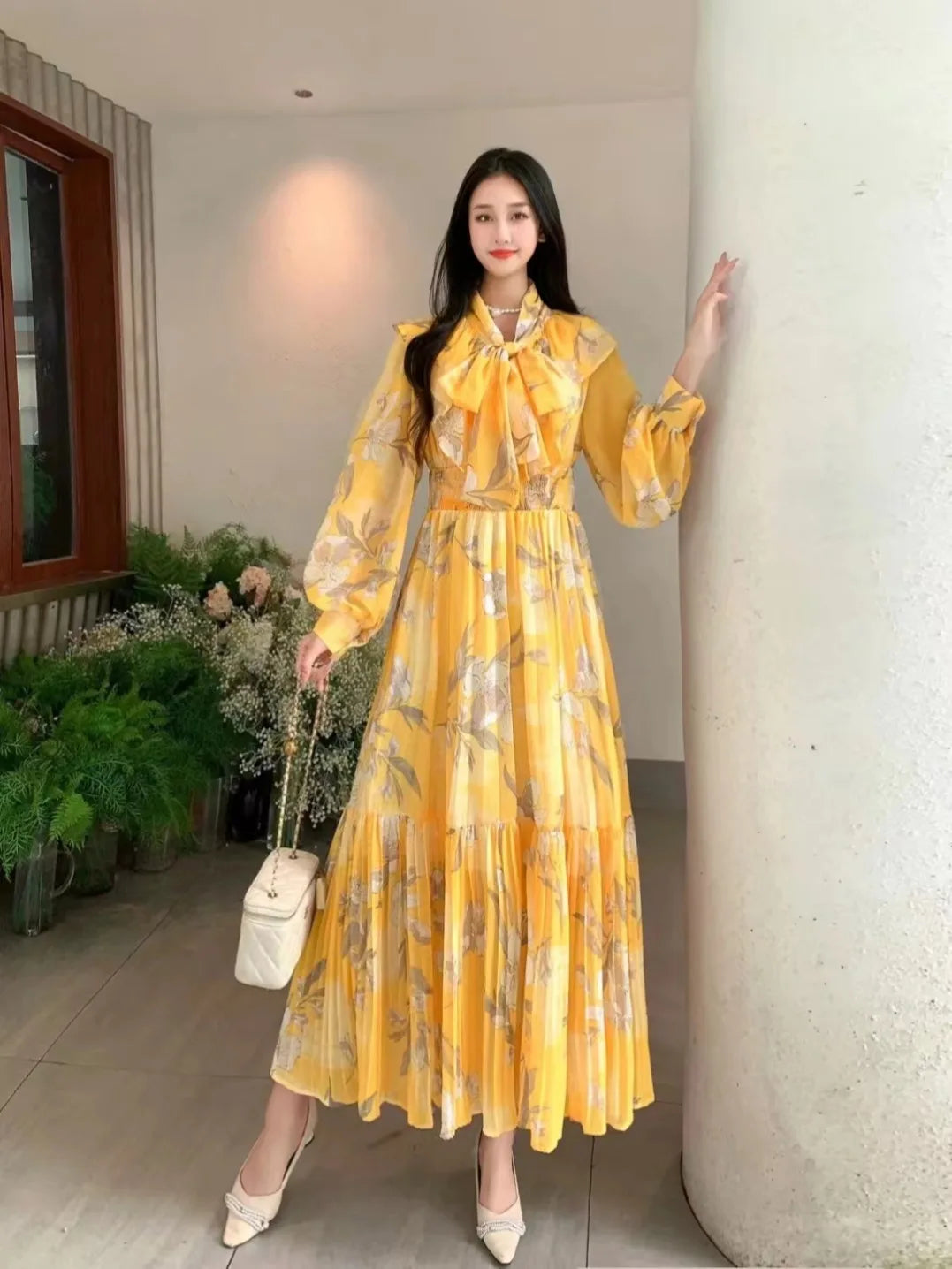 Fall 2024 Bohemian Beach Dress Chiffon Tie Bow Patch Ruffles Lace Pressed Pleated Print Large Swing Maxi Dress  Milanni Fashion Picture color 6 L CHINA