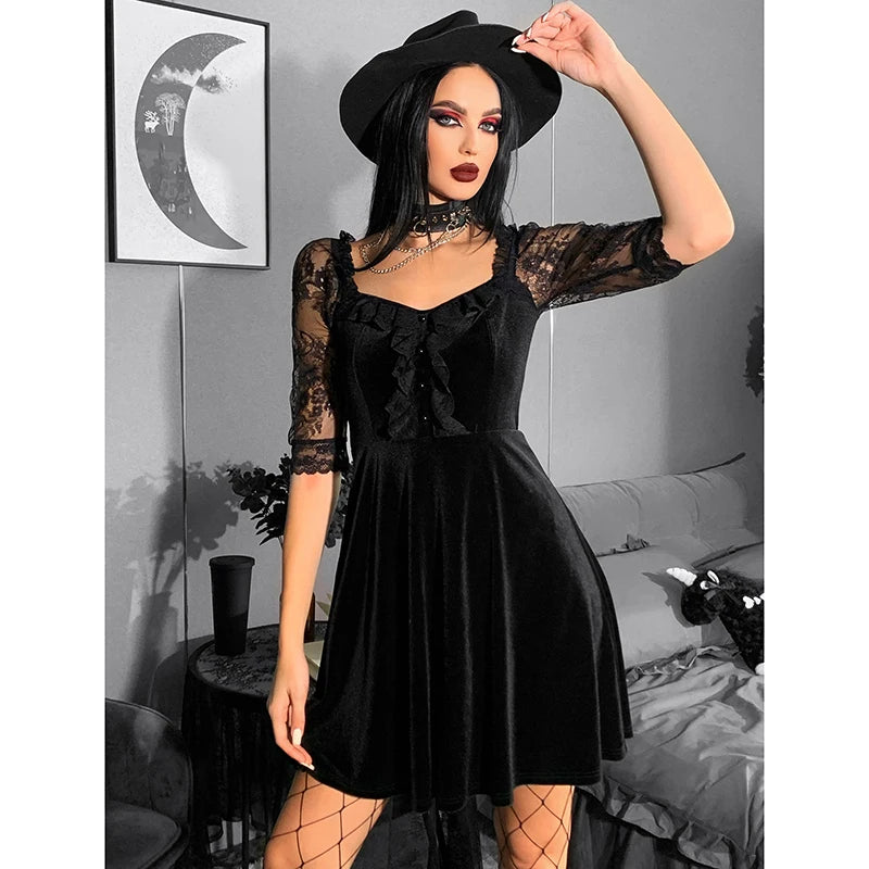 Gothic Lace Splicing Dress Women's Dark Style Directional Design Trendy Short Dress Milanni Fashion