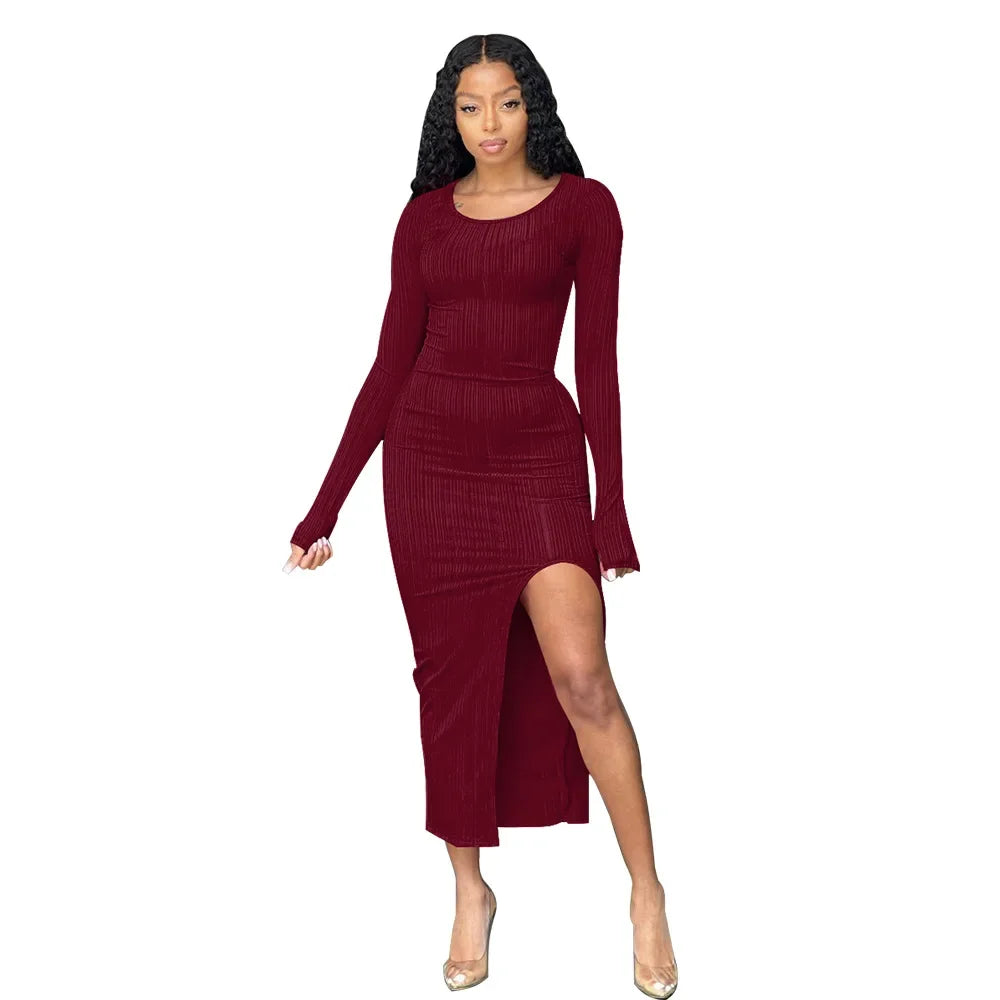 Women's Sexy Side Slit Cross-border Ribbed Round Neck Autumn Dress Midi Dress Milanni Fashion L Burgundy 