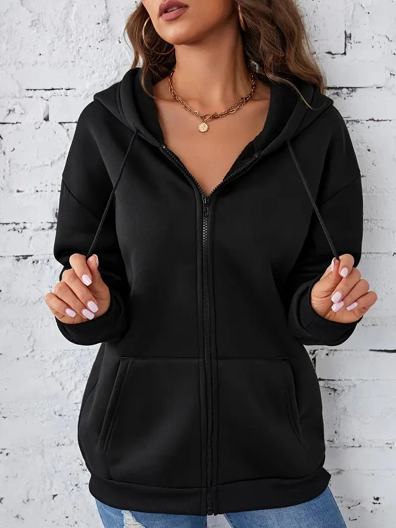 Solid Drawstring Hoodie for Women Autumn and Winter Velvet Thickened Long Sleeved Zip Sweatshirt Milanni Fashion Black M