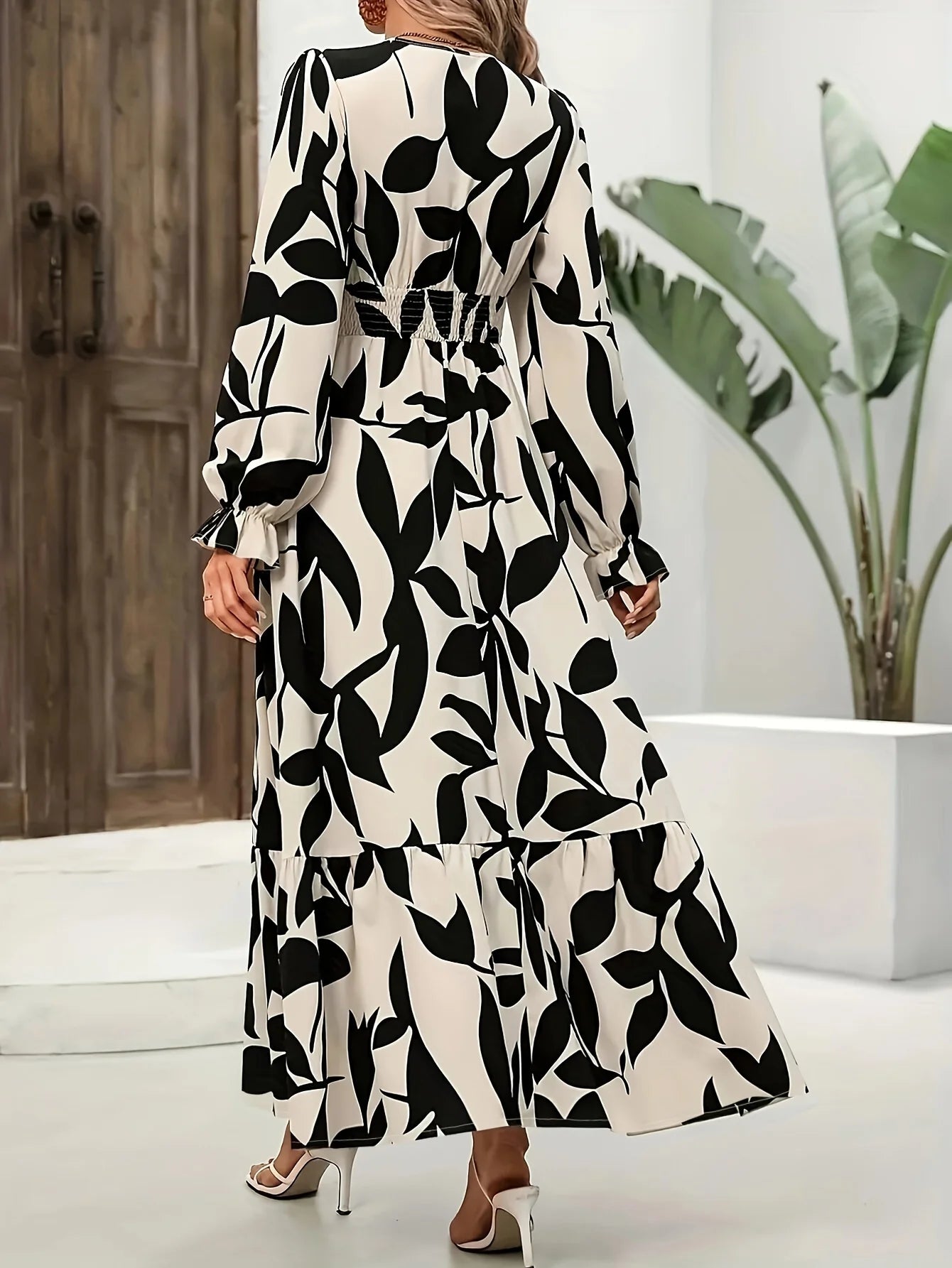 Plus Size Autumn Elegant Printed Waist Swing Dress Trumpet Sleeve Waist and Ankle Long Dress Maxi Dress Milanni Fashion   