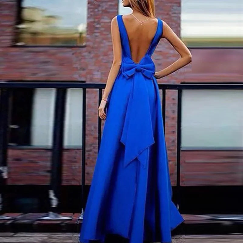 Sexy Deep V-Neck Backless Bow Women Party Dress Elegant Sleeveless A-Line Femme Ball Prom Dress for Women Maxi Dress Milanni Fashion