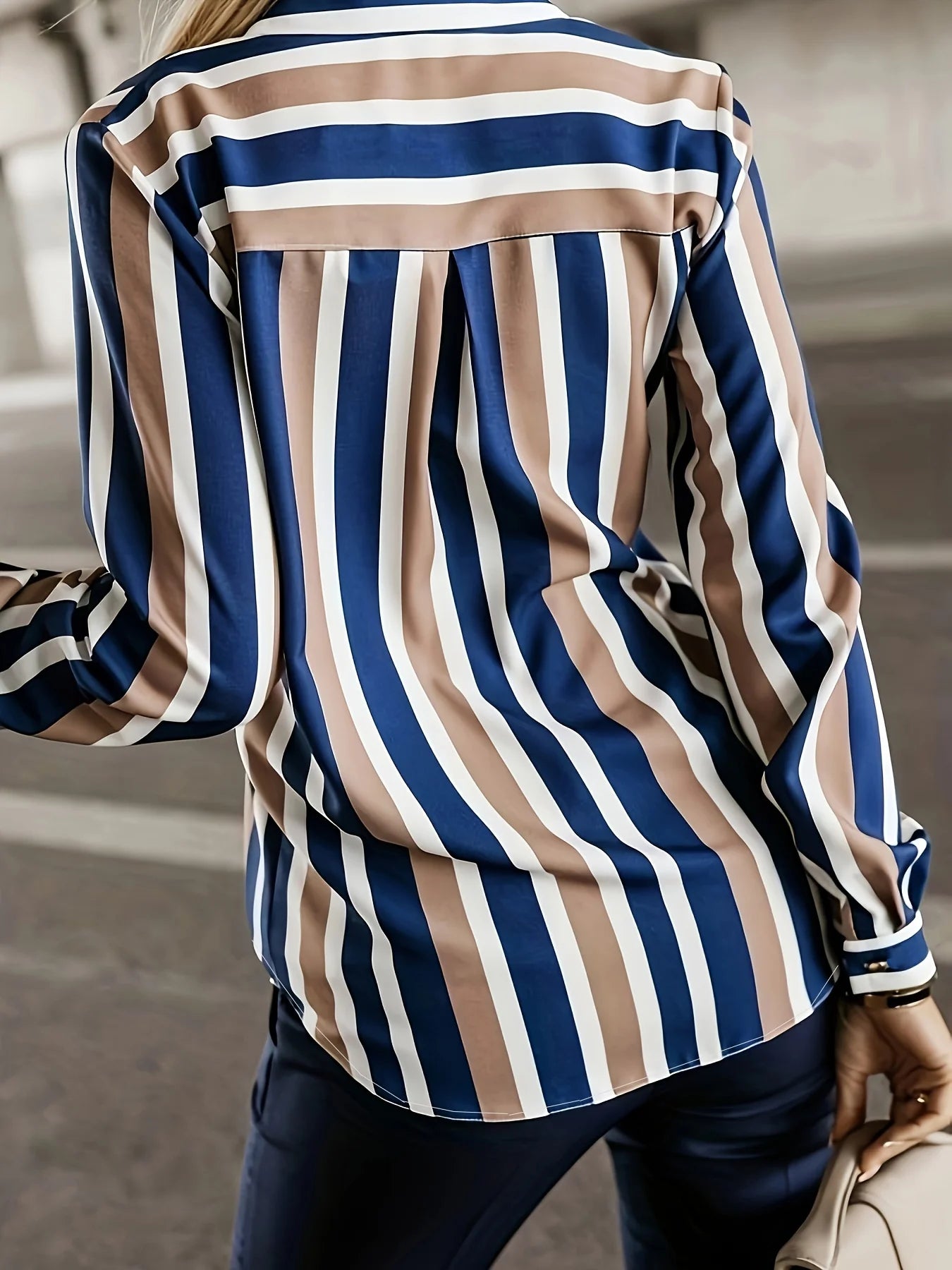 Plus Size Casual Blouse Women's Stripe Print Long Sleeve Button Up Lapel Collar Shirt Top Milanni Fashion