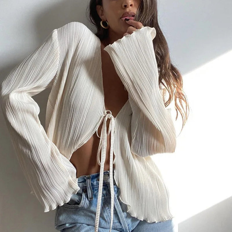 Pleated Plain Shirt for Spring & Fall Chic Long Flare Sleeve V-Neck Tie-Up Cardigan Top for Women Milanni Fashion Beige S