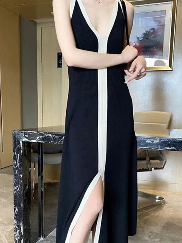 Fashion Contrast Spliced Halter Maxi Dress for Women Elegant V Neck Front Split Long Evening Gown Maxi Dress Milanni Fashion