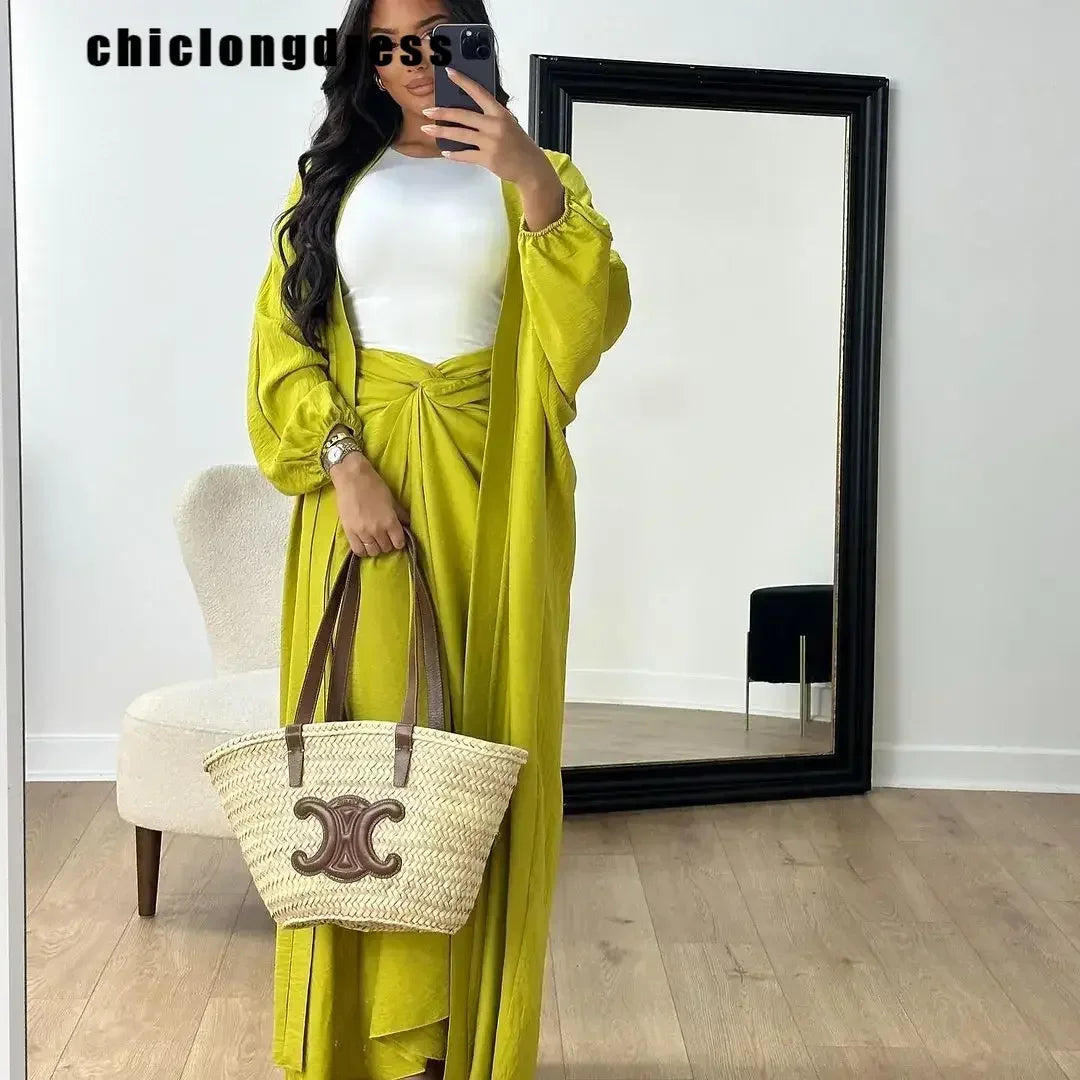 Women Elegant Solid Long Cardigan Twisted Skirt Set Autumn Winter Fashion Two Piece Set Milanni Fashion