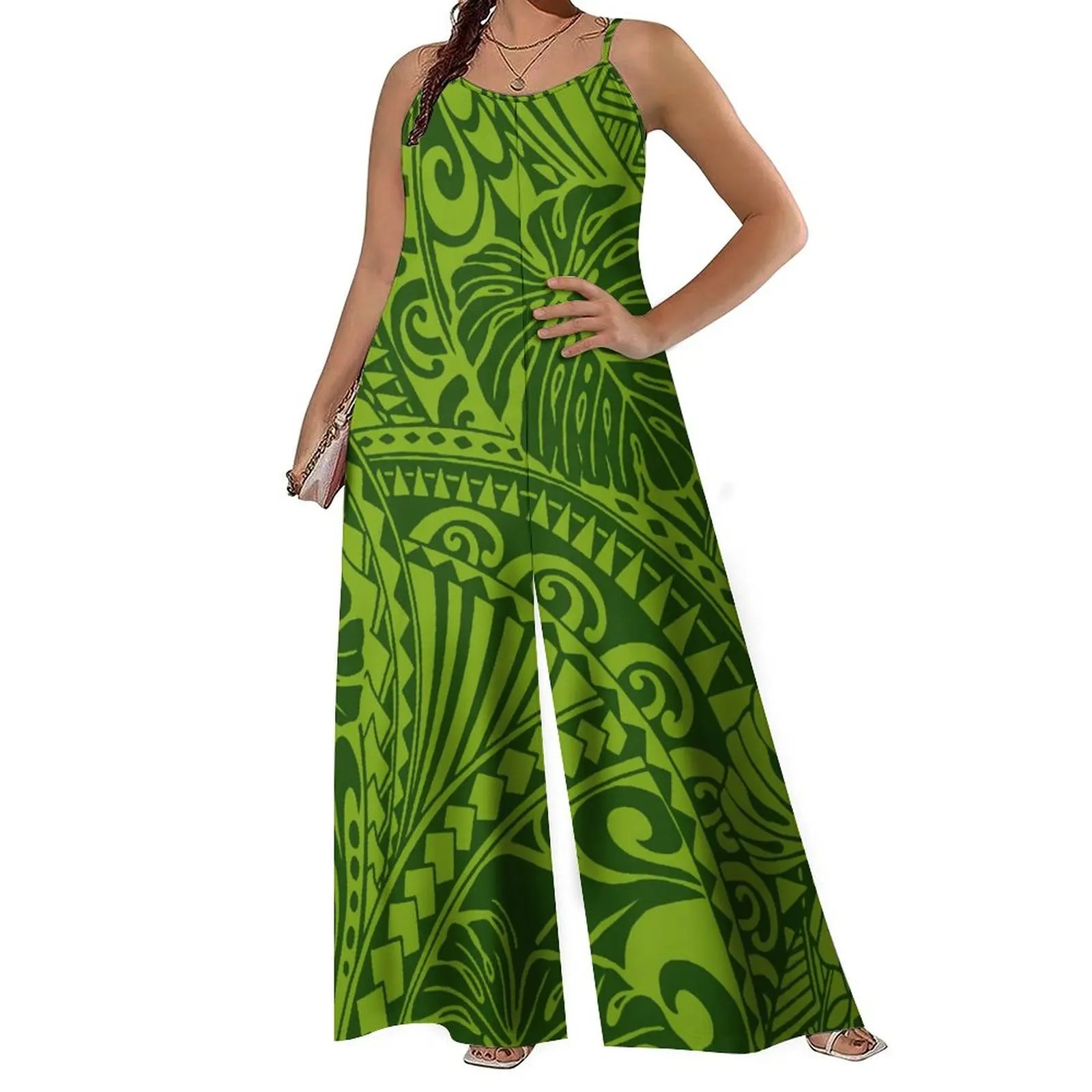 Halter Jumpsuit Wide Leg Loose Waist Pants with Polynesian Print Summer Casual Long Pantsuit for Women Milanni Fashion