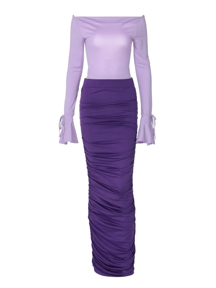 Pleated Trumpet Sleeve Top and Solid Color Long Skirt Women's Spring Two Piece Set Elegant and Chic Milanni Fashion Purple S