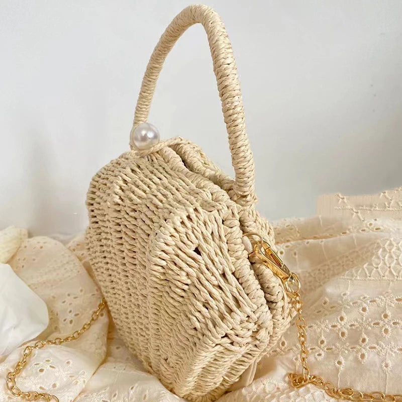 Shell Shaped Small Messenger Bag Rattan Woven Beach Fashionable Crossbody Bag  Milanni Fashion   