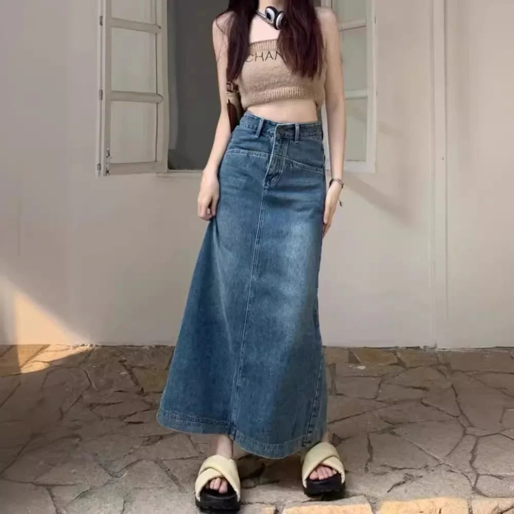 Plus Size Vintage Denim Skirt Women's Autumn Petite High-waisted Slimming A- line Long Dress Trendy Side Slit American Style  Milanni Fashion   