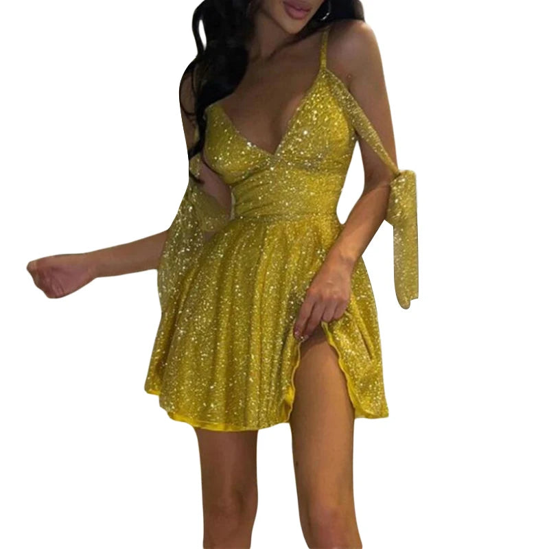 Shiny Off Shoulder Short Dress Solid Spaghetti Strap V-Neck Braces Cocktail Dress  Milanni Fashion Yellow M 