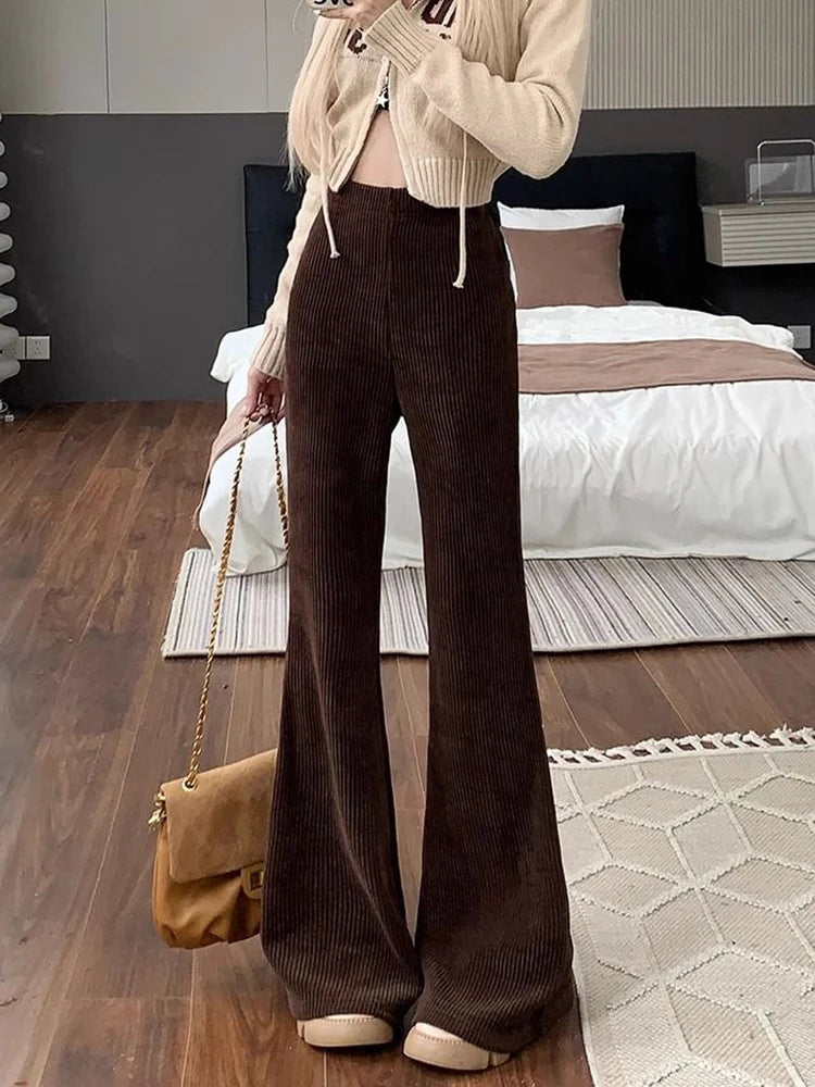 Vintage Corduroy Flare Pants for Women Casual High Waist Trousers Fall and Winter Fashion Pants Milanni Fashion Coffee S