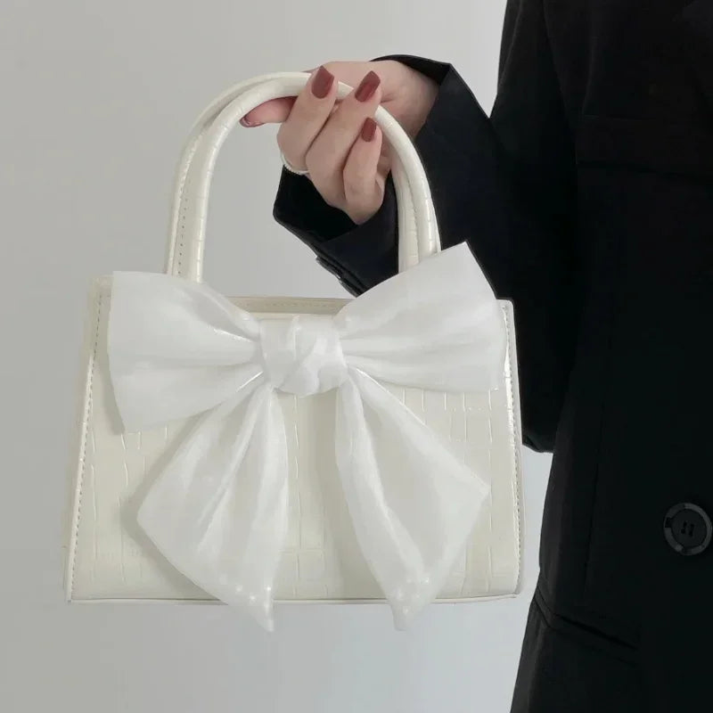 Fashion Pink Bowknot Clutch Underarm Bag Sweet Small Square Shoulder Bag Stylish and Elegant Accessory Milanni Fashion White