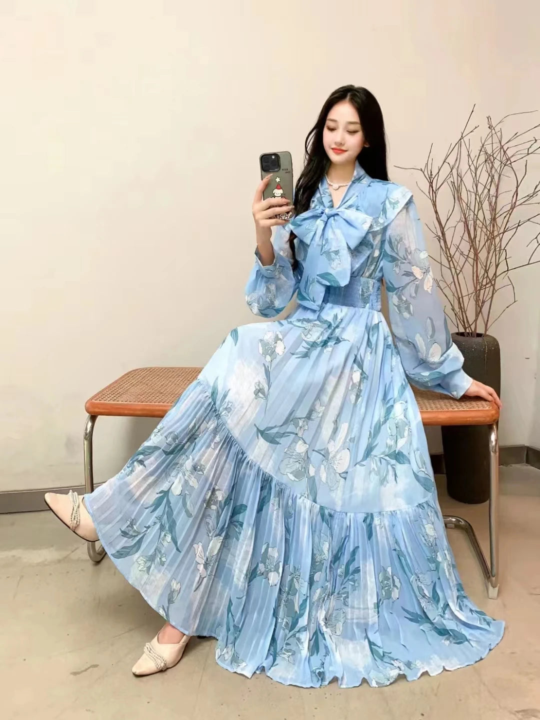 Fall 2024 Bohemian Beach Dress Chiffon Tie Bow Patch Ruffles Lace Pressed Pleated Print Large Swing Maxi Dress  Milanni Fashion Picture color 4 L CHINA