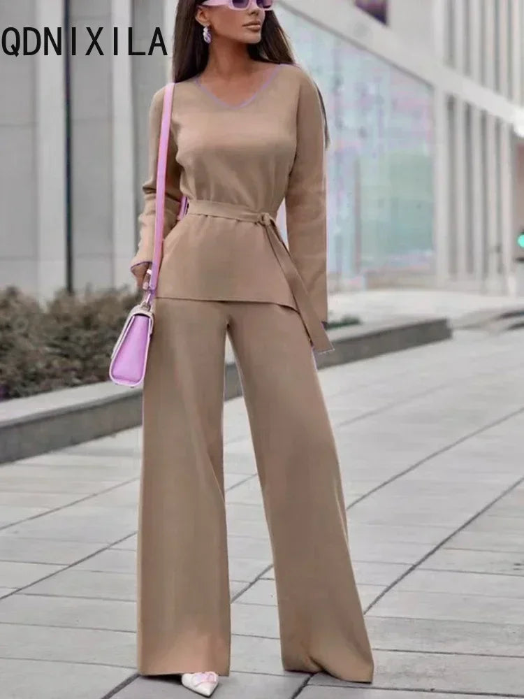 Casual V-neck Knitted Sweater Suit New Elegant Women's Sweater with Belt and Wide Leg Pant Set  Milanni Fashion   