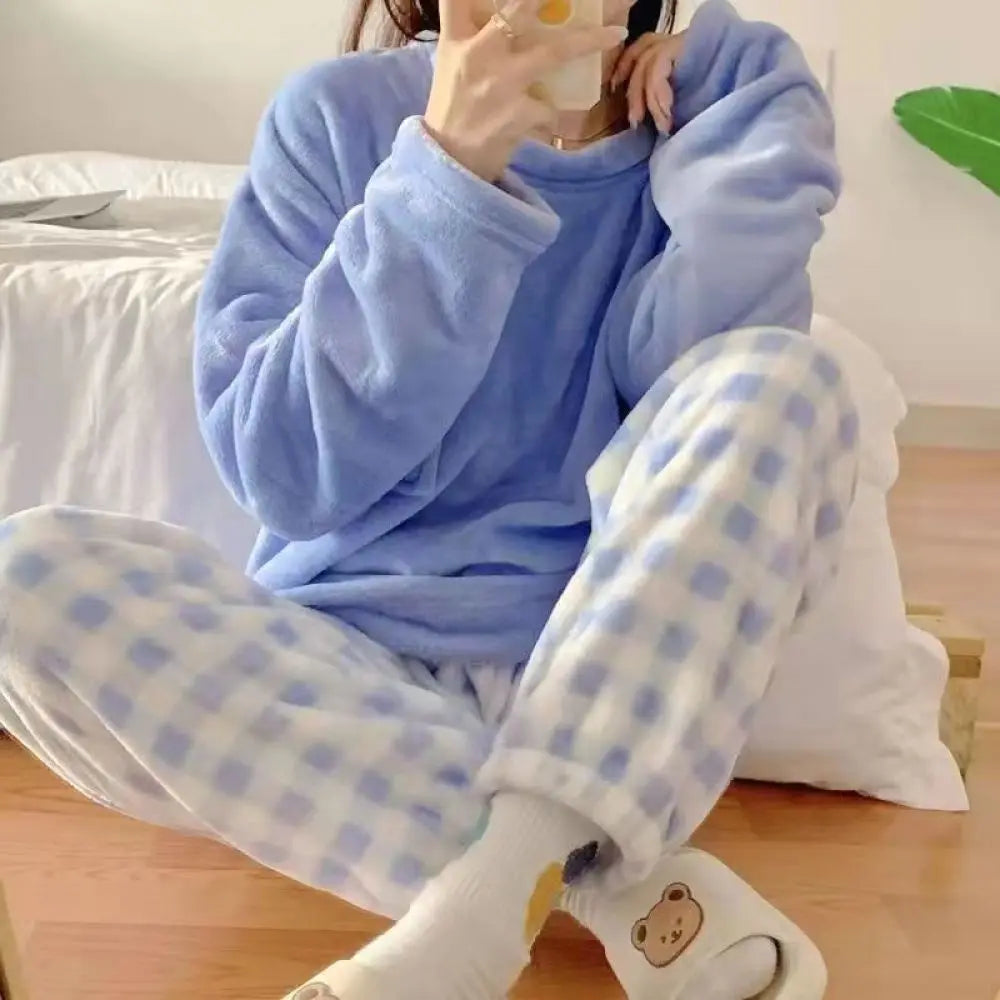 Fleece Thick Warm Women's Pajamas Set Winter Sleepwear Casual Solid Top and Plaid Pants  Milanni Fashion   