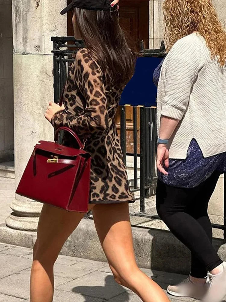 Sexy Leopard Print Slim Short Dress Vintage Chic Street O-Neck Long Sleeve Dress for Women Milanni Fashion