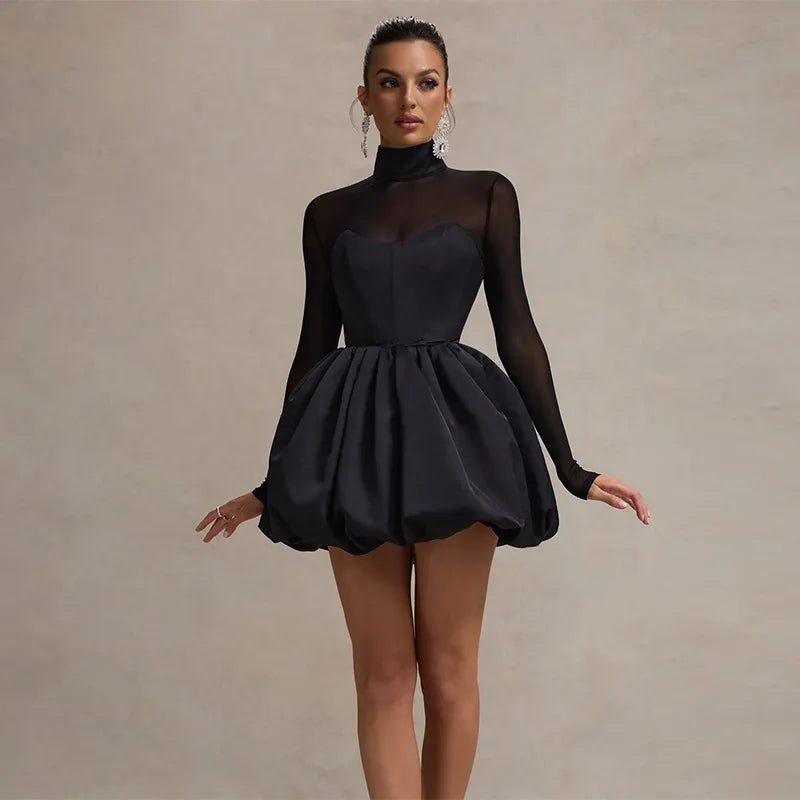 Black Mesh Sexy Mini Dress High Waisted Sheer Long Sleeve Patchwork A-Line Dress for Women Party Outfit Milanni Fashion