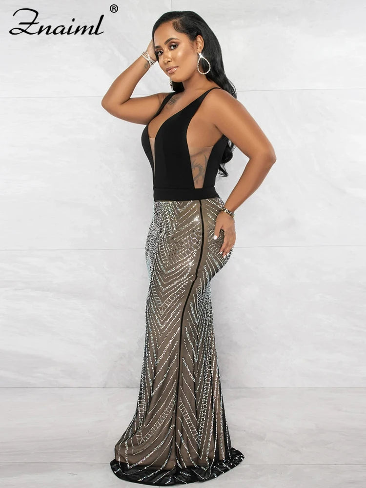 Sexy Crystal Diamonds Mesh Patchwork Party Long Dress Maxi Dress Milanni Fashion   