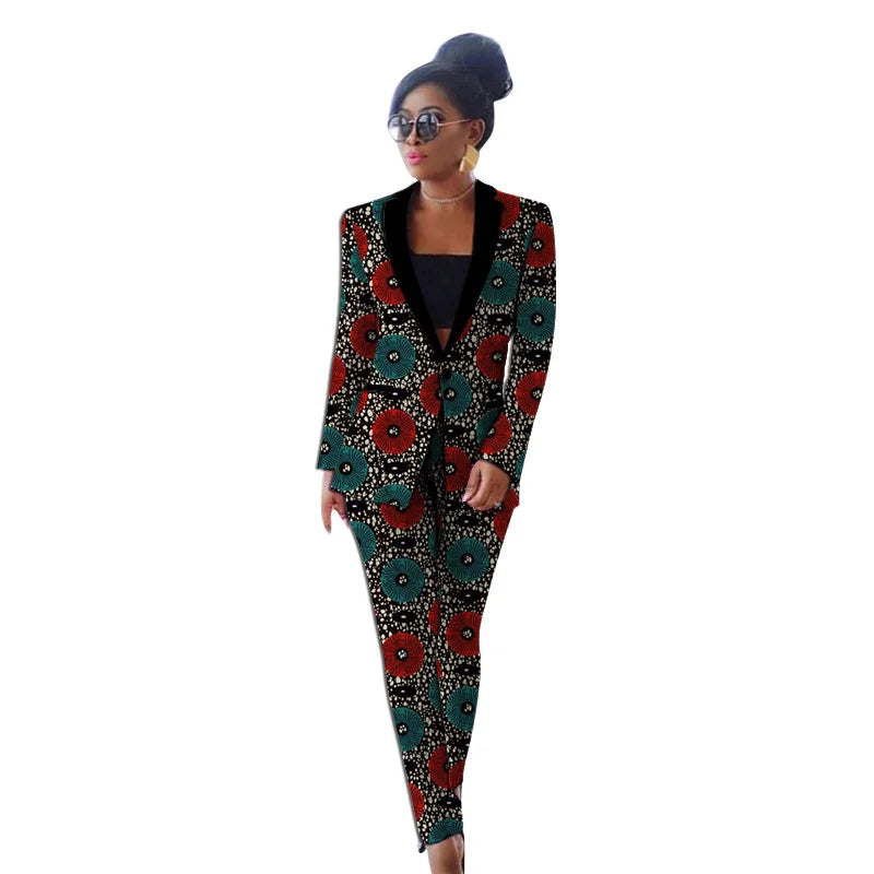 Women's Traditional Handmade Cutting Female Blazer + Pant Colorful Print African Wedding Outfit  Milanni Fashion 9 L 