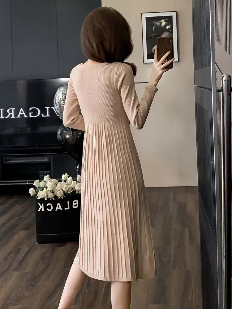 Fall Winter Casual Ribbing Knitted Sweater Dress Cross V Neck Slim Stretch A Line Knee-length Elegant Women Office Dress  Milanni Fashion   