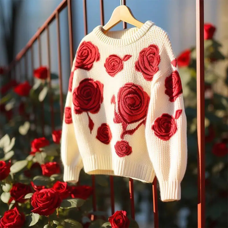 Winter Knitted Red Rose Top Oversized Loose Pullover Sweater for Women Cozy Stylish Fashion Top Milanni Fashion