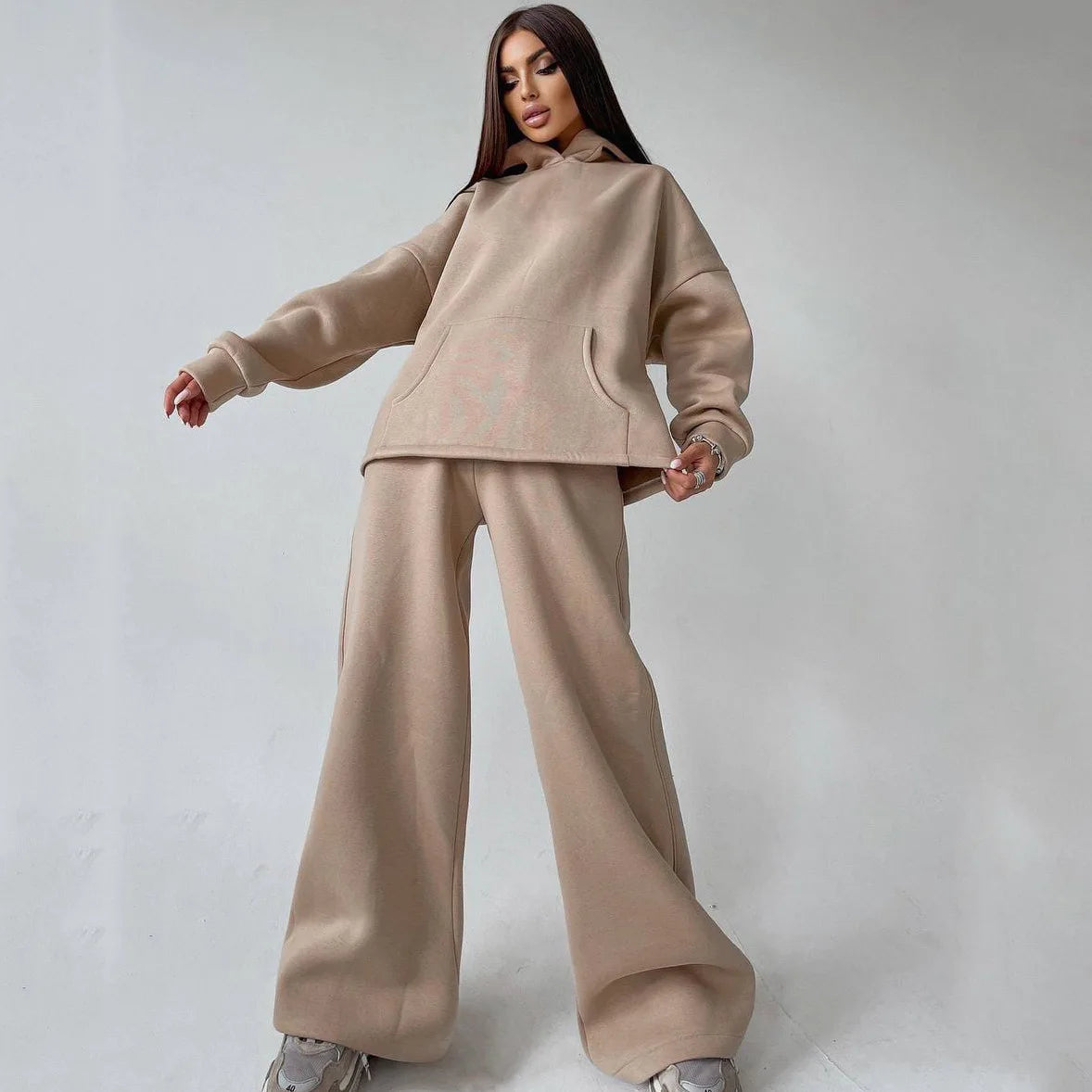 Hooded Pocket Hoodie Set Loose Top Wide Leg Trousers Casual Two-Piece Outfit for Women Milanni Fashion Beige XL