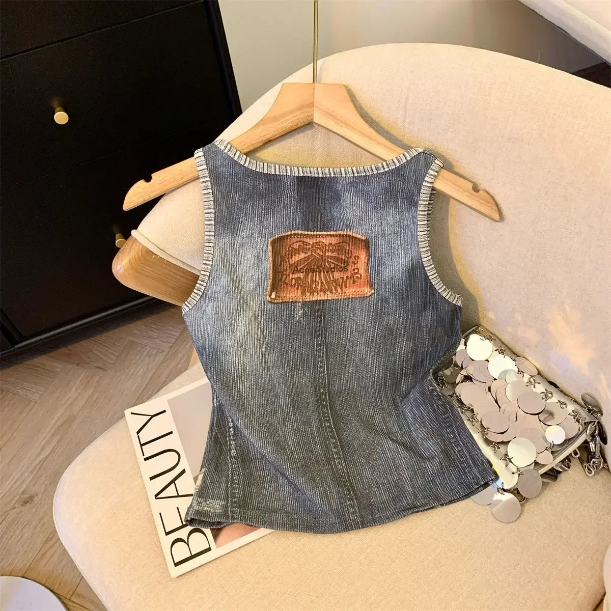 Retro Imitation Denim Printed Suspender Vest Slim Fit Skinny Short Top Stylish Women's Casual Wear Milanni Fashion