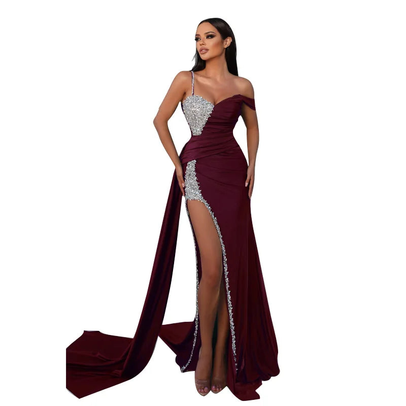 Elegant Sequins Strap V Neck Off Shoulder Halter Ruched Slit Evening Gala Floor Length Dress Maxi Dress Milanni Fashion   