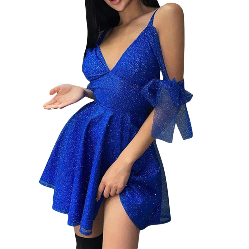 Shiny Off Shoulder Short Dress Solid Spaghetti Strap V-Neck Braces Cocktail Dress  Milanni Fashion Blue L 