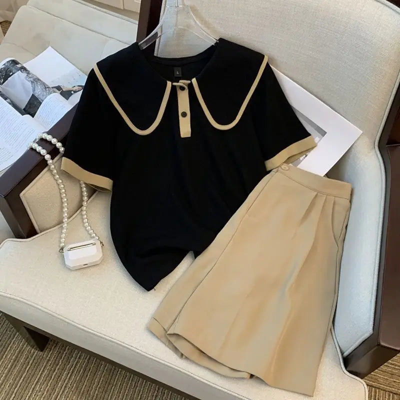 Versatile Slimming Short-Sleeved Fashion Set for Women Niche Doll Neck Top & Shorts Milanni Fashion