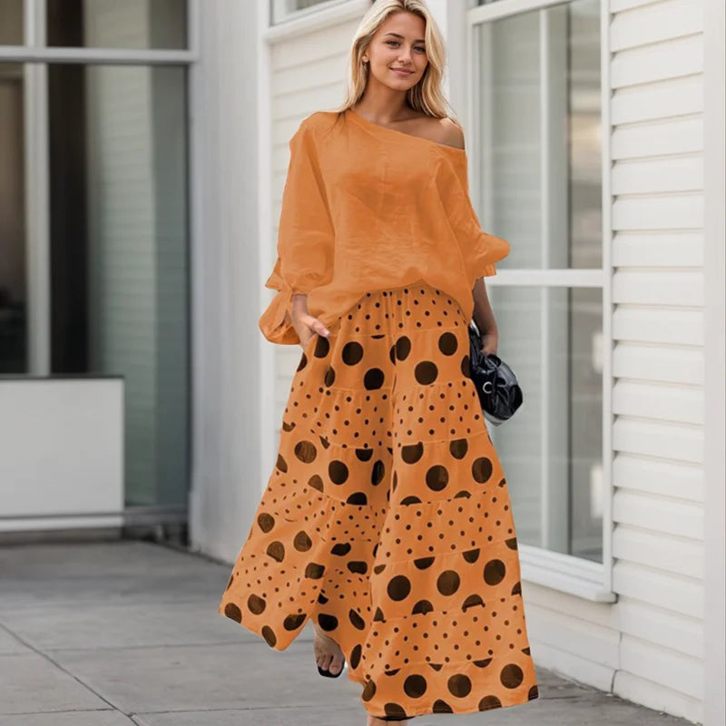 Solid Slant Collar T-Shirt & Polka Dot Loose Pants Women's Casual Two-Piece Suit Set Stylish Outfit Milanni Fashion Orange XXL