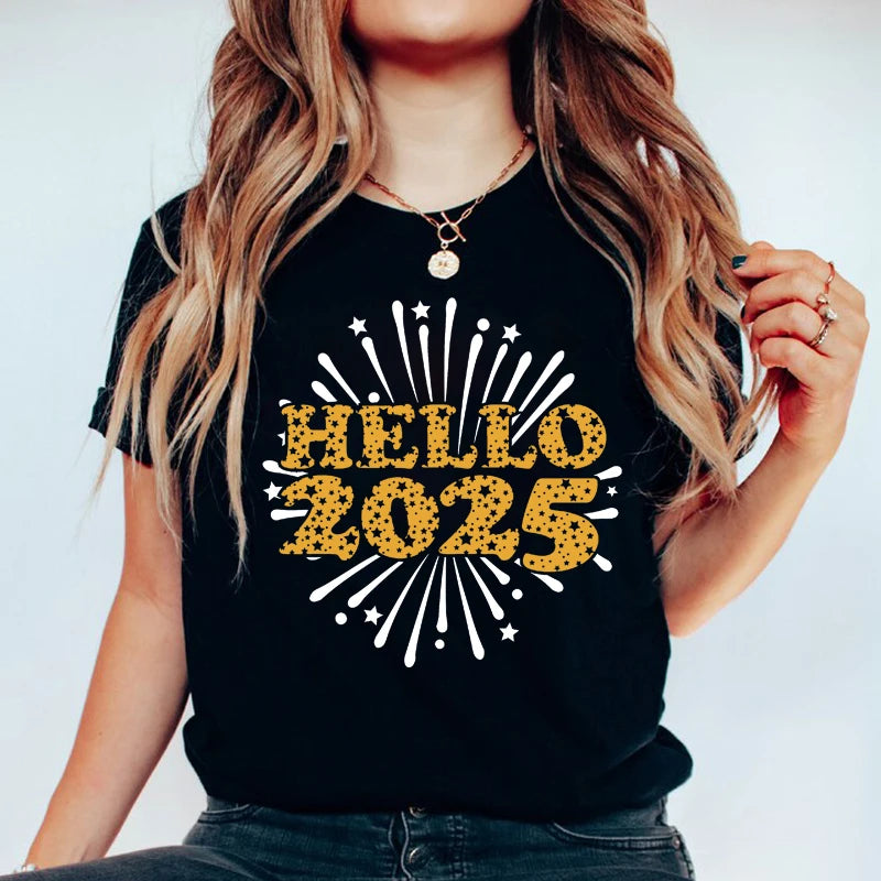 Hello 2025 Printed Women’s T-Shirt Casual O-Neck Short Sleeve Holiday Party Top Perfect Gift Milanni Fashion