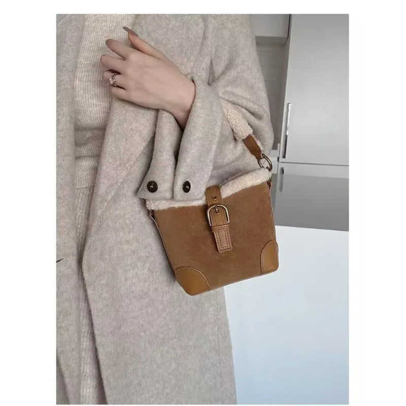 Lamb Wool Casual Bucket Crossbody Bag Women's Luxury Deerskin Fleece Leather Shoulder Handbag Milanni Fashion