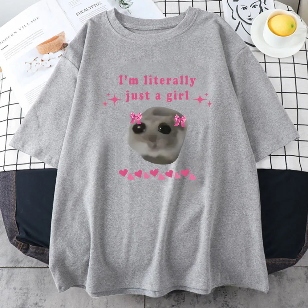 Sad Hamster T-Shirt I'm Just A Girl Letter Printing Cotton Tee for Women Casual Fun Graphic Top Milanni Fashion Gray L